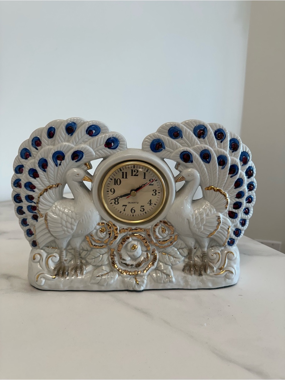 Vintage Elegant Porcelain White/Blue/Gold Peacock Quartz Mantel Clock
